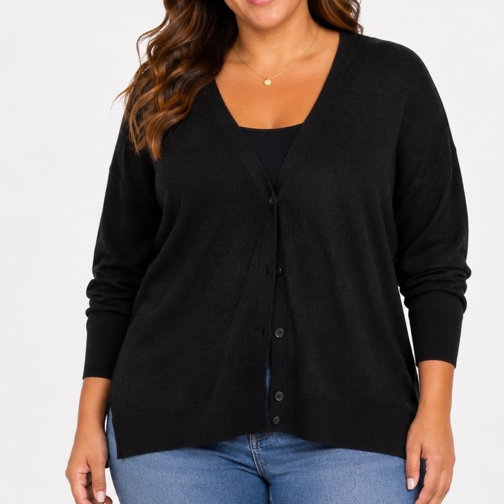 Banana Republic Womens XXL Black V-Neck Button Front Cardigan Sweater Logo Slits